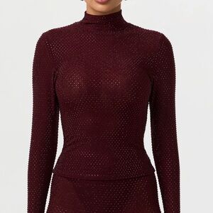 Naked Wardrobe Burgundy CRYSTAL TURTLENECK TOP